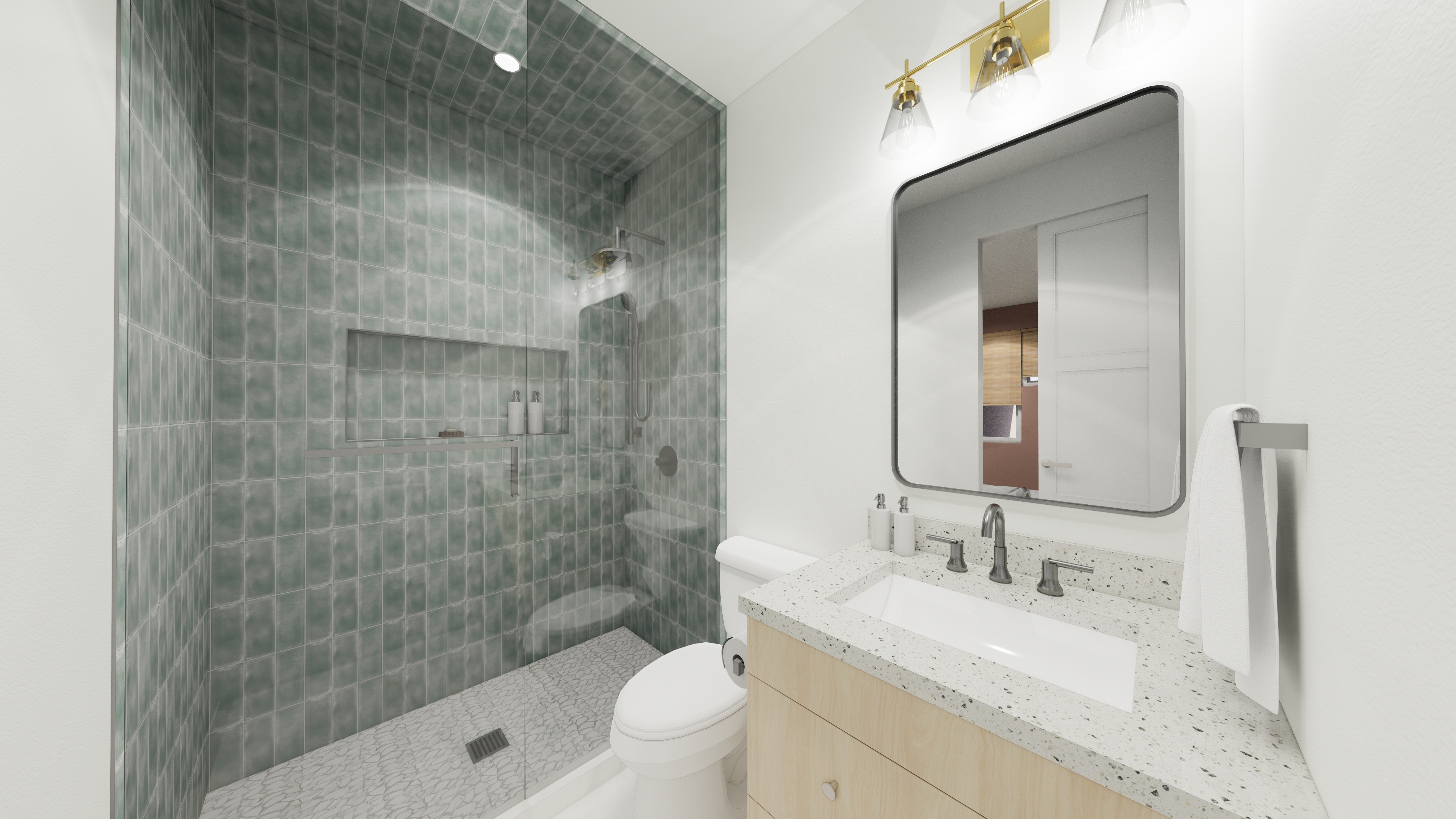 Antigua bathroom with sage green tile and brushed nickel fixtures